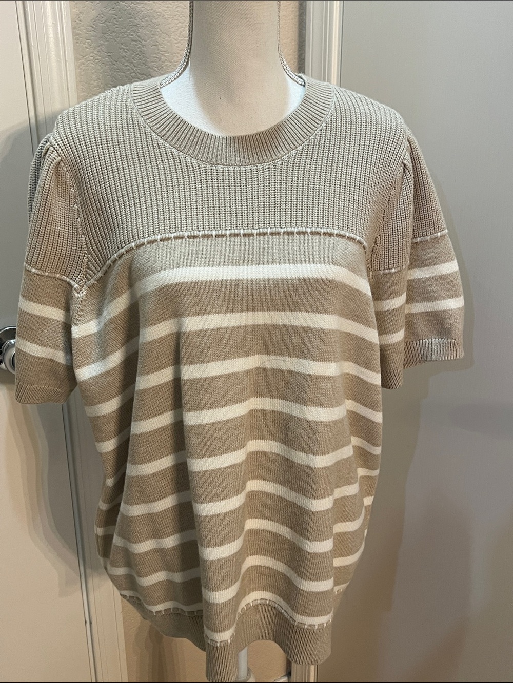 Lane Bryant Striped Short-Sleeve Sweater Top in Cream & Tan